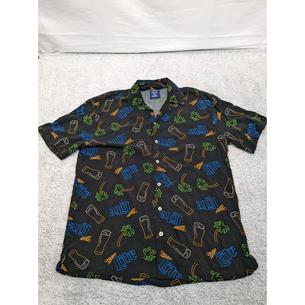 Miller Lite Neon Signs Hawaiian Shirt Beach Button Down Palm Trees Small‎ Rayon